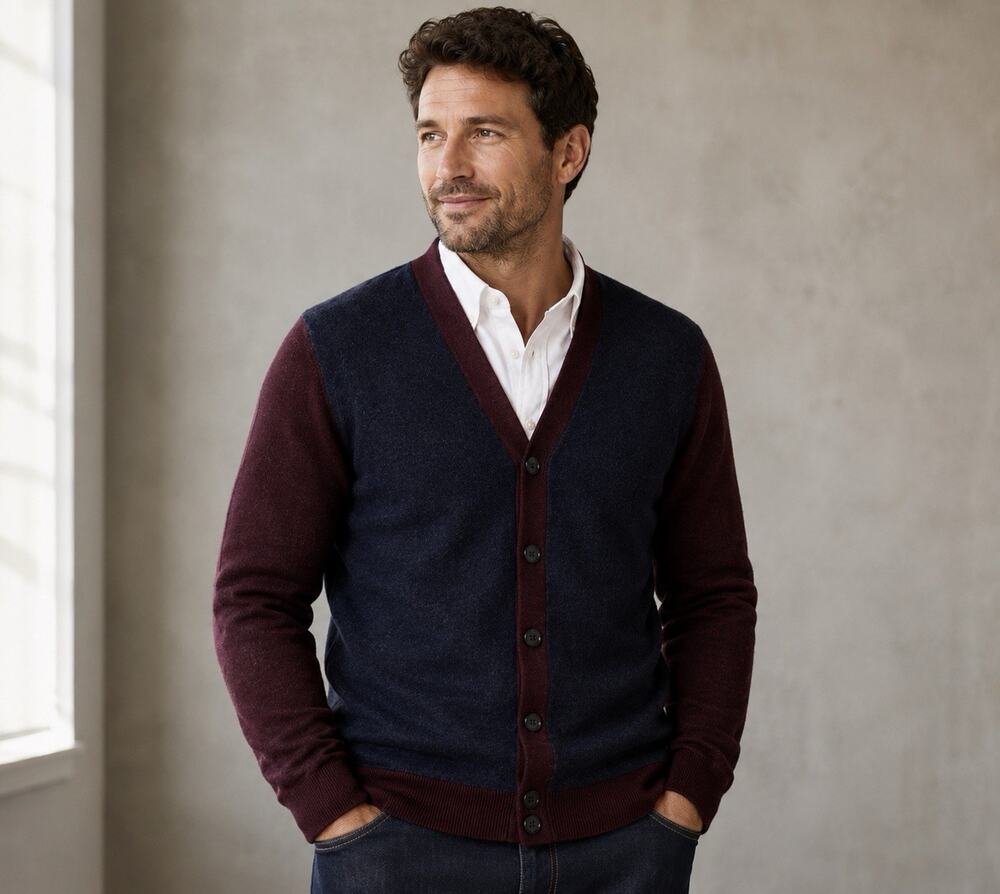 Turnbury Mens XL Merino Wool Blend Burgundy Navy Cardigan Sweater Grandpacore